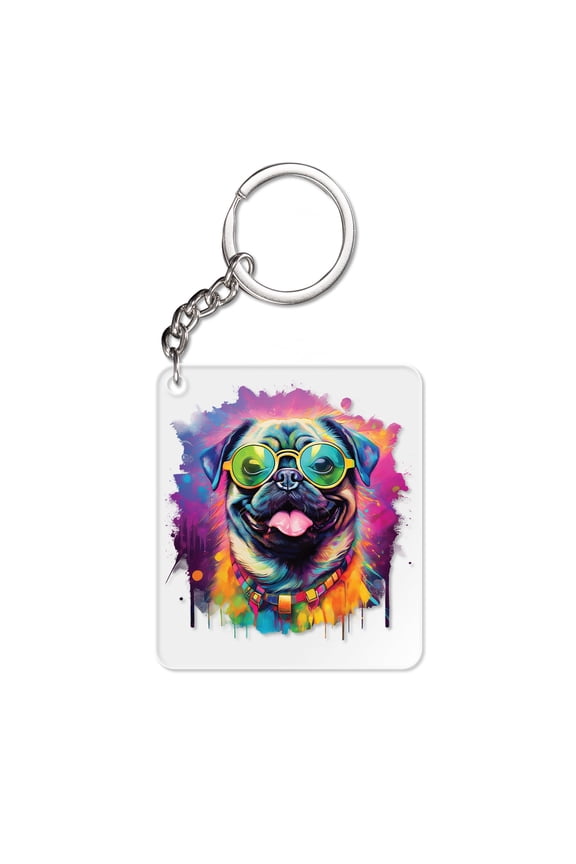Hippie Pug Portrait oil painting Watercolor Tie-dye Vintage Acrylic Keychain Dog Lover Gifts Collar Charm Tag Keyring - 00015