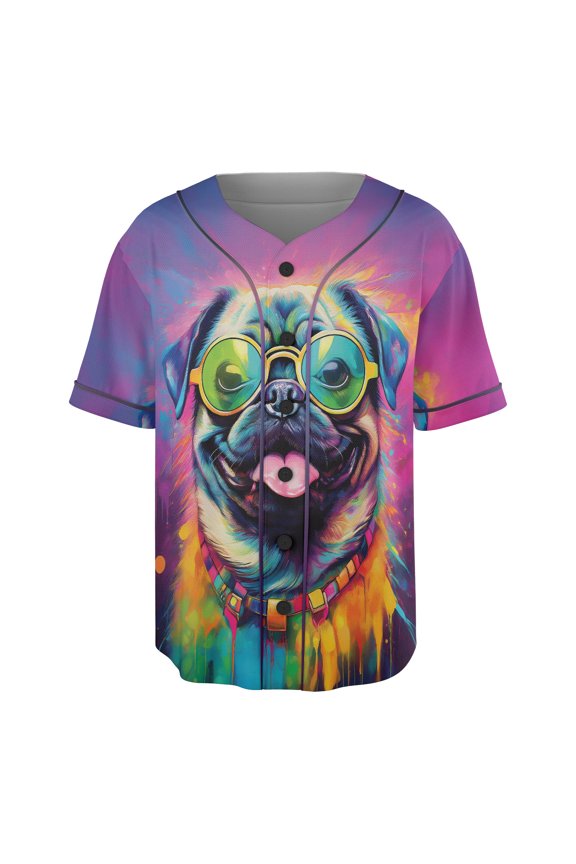 Hippie Pug Portrait oil painting Watercolor Tie-dye Vintage All Over Print 3D Baseball Shirt Dog Lover Gifts Softball Sport - 00015