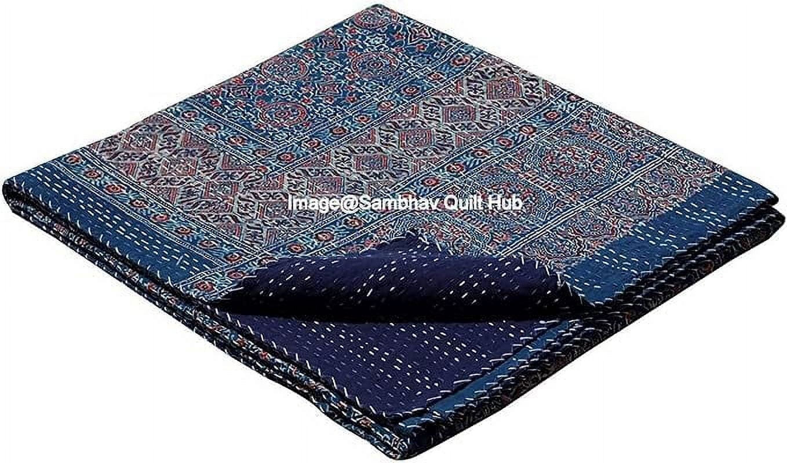 Hippie Queen Ajrakh Kantha Quilt Handmade Bohemain Bedspread King Size Vegetable Dye Kantha Blanket Bedcover Boho Quilting Indigo Print Ajrakh Cotton Kantha Quilt