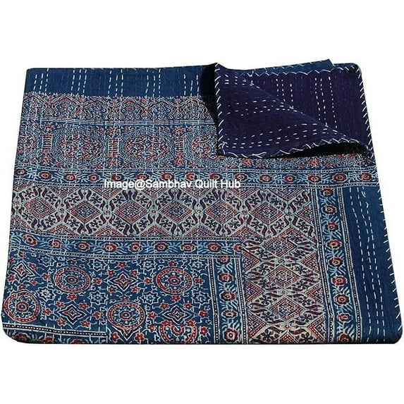 Hippie Queen Ajrakh Kantha Quilt Handmade Bohemain Bedspread King Size Vegetable Dye Kantha Blanket Bedcover Boho Quilting Indigo Print Ajrakh Cotton Kantha Quilt