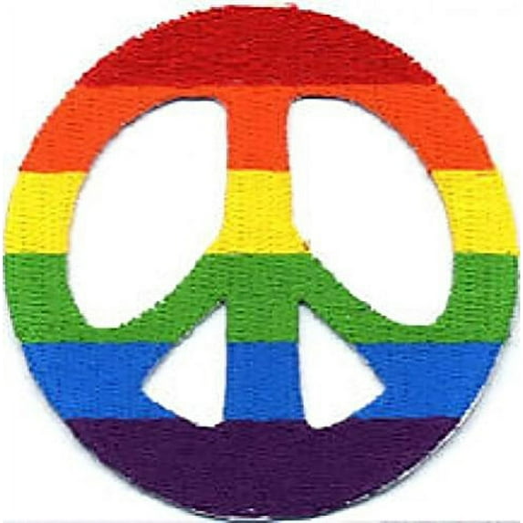 Hippie Rainbow Bold Colored Horizontal Thick Stripes Peace Symbol Iron On Embroidered Applique Patch