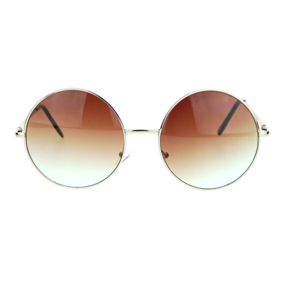 Hippie Retro Groovy Gradient Oversize Circle Lens Round Metal Rim Sunglasses Brown