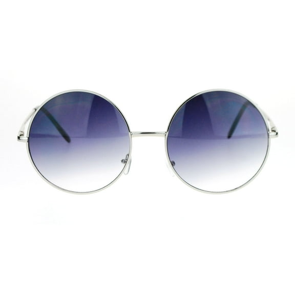 Hippie Retro Groovy Gradient Oversize Circle Lens Round Metal Rim Sunglasses Silver Smoke