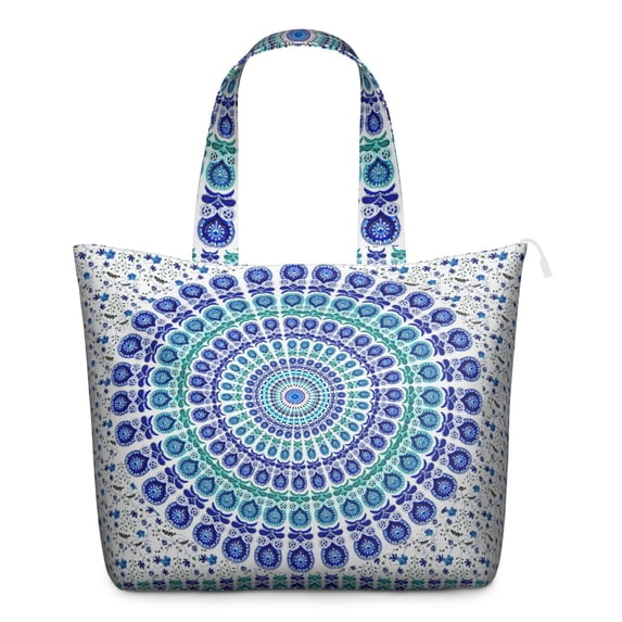 Hippie Retro Style Large Capacity Tote, Zippered Travel Bag with Interior Pockets, Boho Chic Design for Moms and Professionals