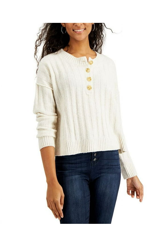 HEATHER OATMEAL Girls Juniors' Ribbed Henley Sweater, S