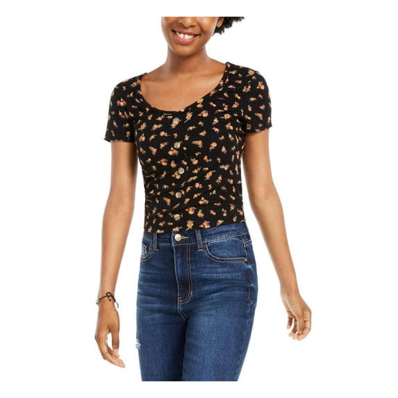 Hippie Rose Junior's Floral Button-Front Top Black Size X-Small