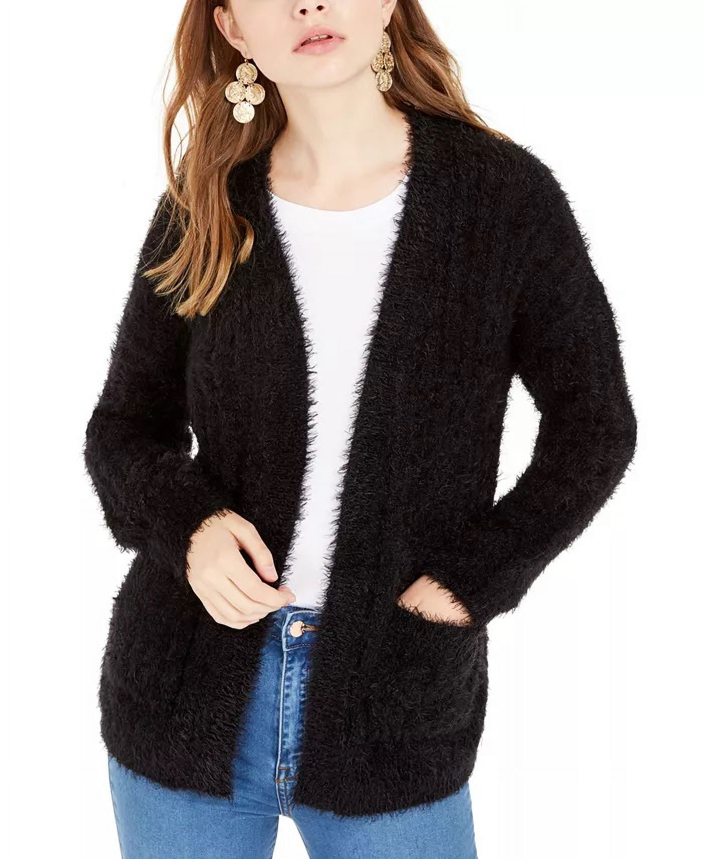 Hippie Rose Junior s Fuzzy Rib Knit Cardigan Black Size Medium Walmart