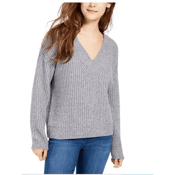 Hippie Rose Junior's V Neck Chenille Sweater Gray Size Medium