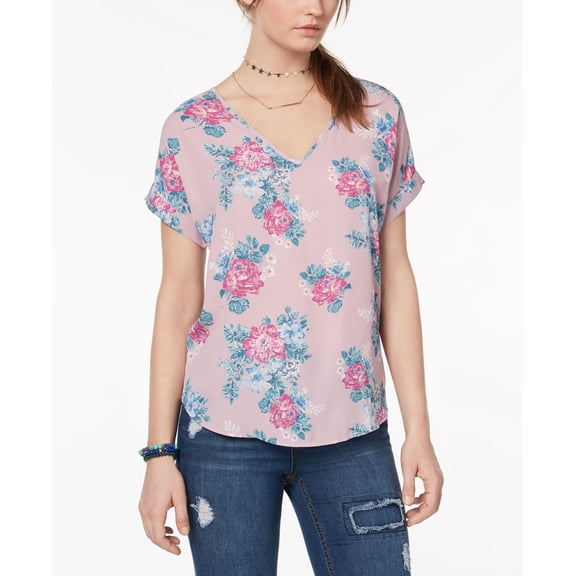Hippie Rose Juniors Back Zip Cuff Sleeved Top Mauve Floral XS