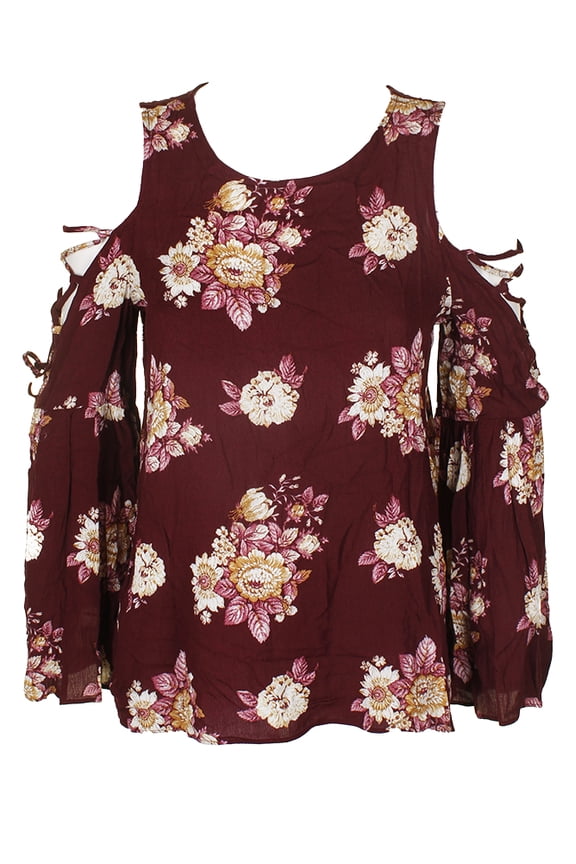 Juniors Printed Bell Sleeve Cold Shoulder Top Burgundy Floral S