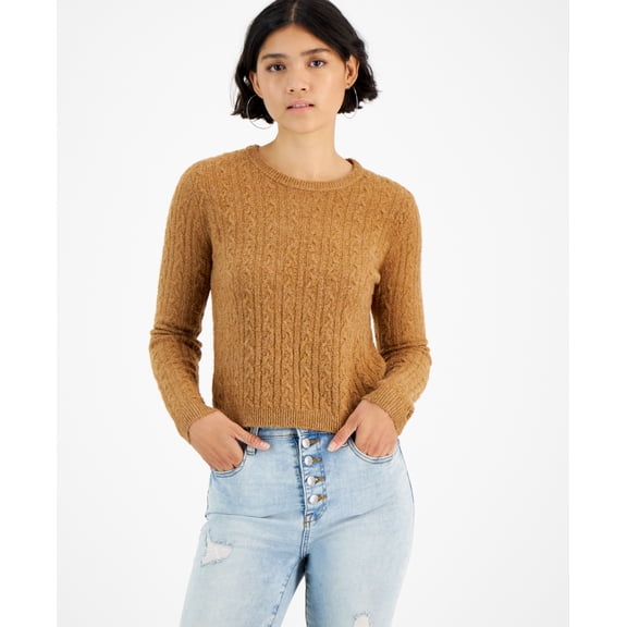 Hippie Rose Juniors’ Cable-Knit Crewneck Pullover Sweater, Brown, Large
