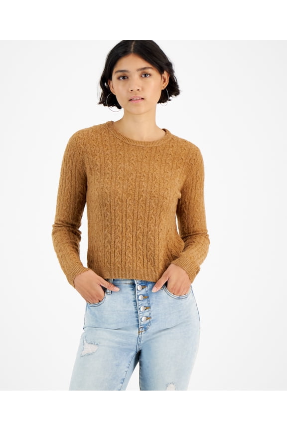 Juniors Cable-Knit Crewneck Pullover Sweater, Brown, Large