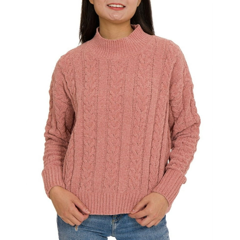 Hippie Rose Juniors Cable Knit Mock Neck Chenille Sweater
