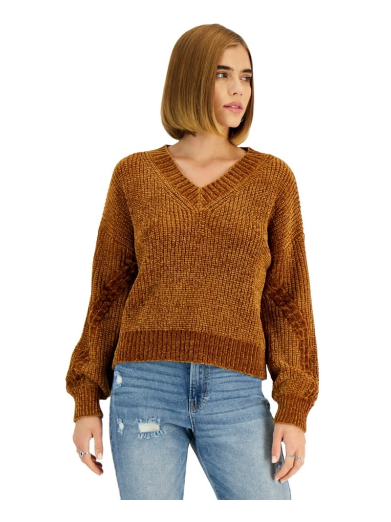 Hippie Rose Juniors' Chenille Cable-Knit V-Neck Sweater, Brown