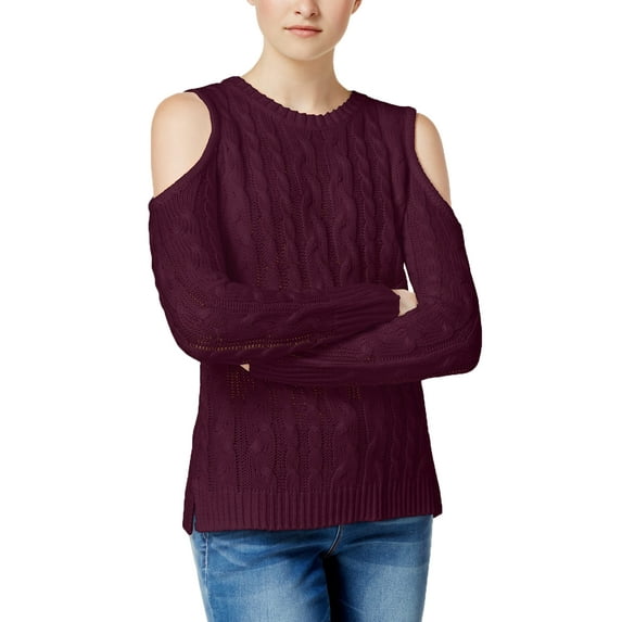 Hippie Rose Juniors Cold Shoulder Cable Knit Sweater Burnt Auburn L