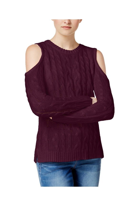Juniors Cold Shoulder Cable Knit Sweater Burnt Auburn M