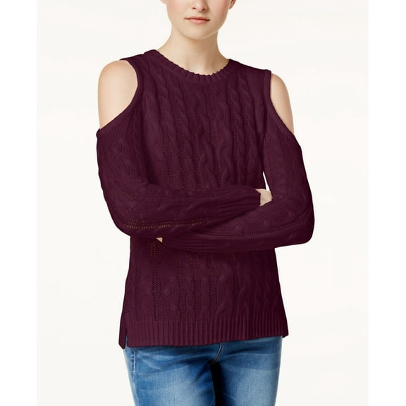 Hippie Rose Juniors Cold Shoulder Cable Knit Sweater Burnt Auburn XL