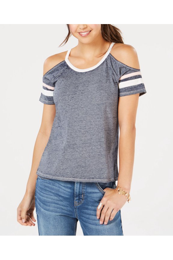 Juniors Cold Shoulder Football T-Shirt Navy Peach Combo M