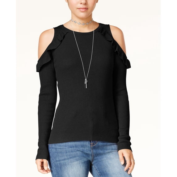 Hippie Rose Juniors Cold Shoulder Ruffled Sweater Black L