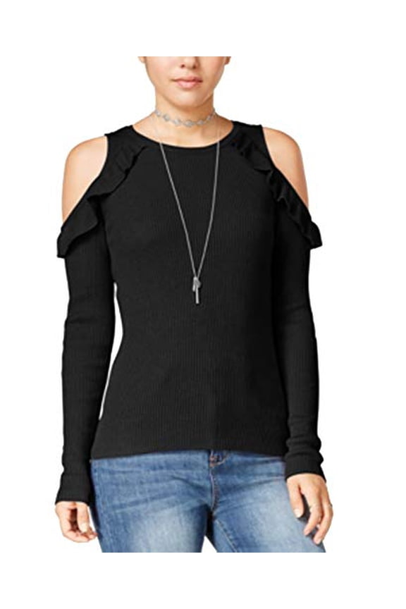 Juniors Cold Shoulder Ruffled Sweater Black XL
