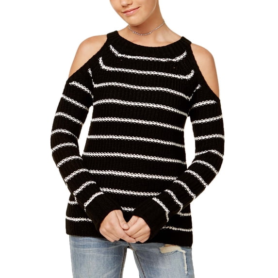 Hippie Rose Juniors' Cold-Shoulder Sweater Black/White Stripe XS