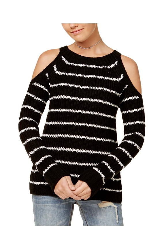 Juniors' Cold-Shoulder Sweater (Black/White Stripe, X-Small)