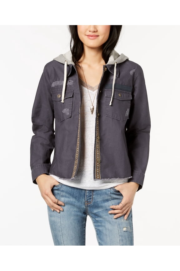 Juniors Cotton Layered Look Embroidered Hoodie Jacket Slate XS