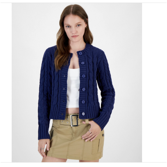 Hippie Rose Juniors' Crewneck Chunky Cable-Knit Cardigan - Deep Cobalt