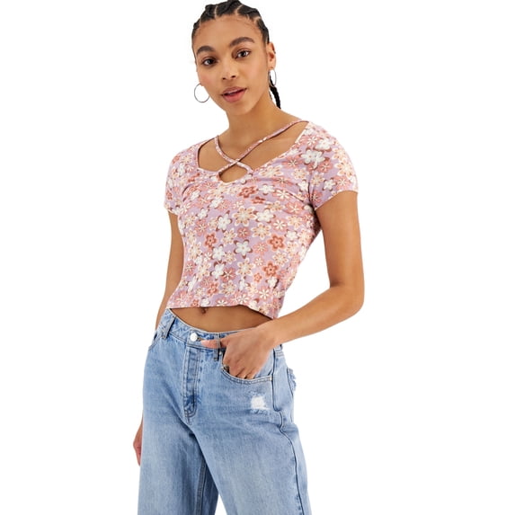 Hippie Rose Juniors' Criss-Cross T-Shirt Lilac Floral XS