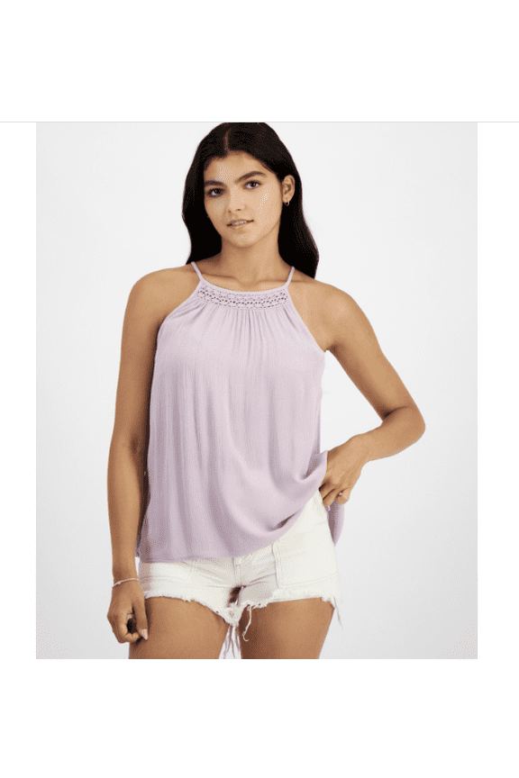 Juniors' Crochet-Trim High-Neck Tank Top - Lavender D