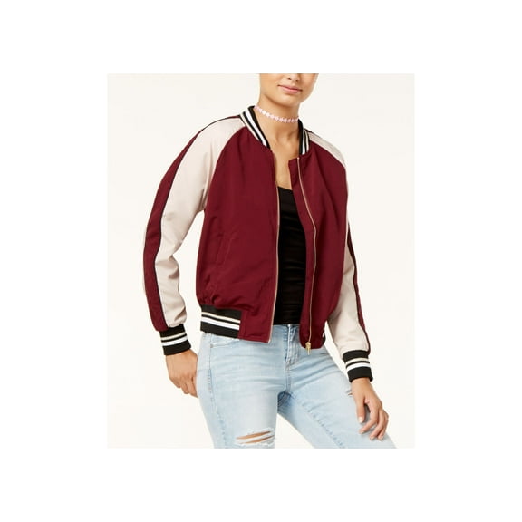 Hippie Rose Juniors Cropped Varsity Bomber Jacket Red Seed Combo S