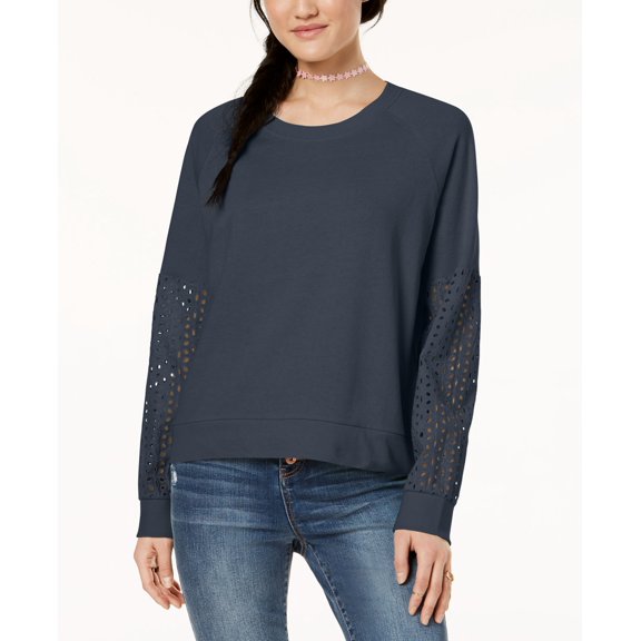 Hippie Rose Juniors Eyelet Contrast Sweatshirt Blue Slate L