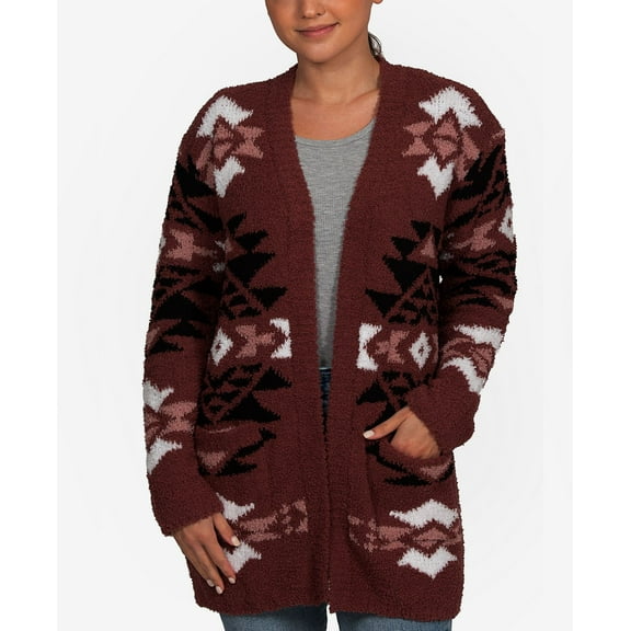 Hippie Rose Juniors Geo-Print Open-Front Cardigan Sweater