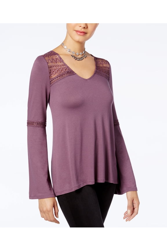 Juniors' Lace-Trim Bell-Sleeve Top (Liliac, XS)