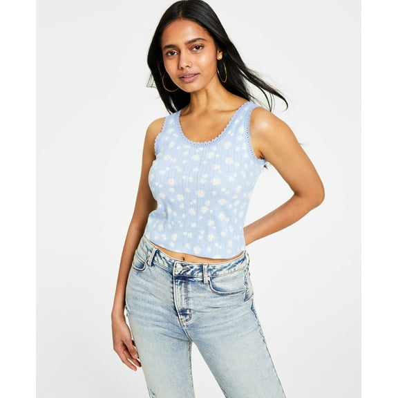 Hippie Rose Juniors' Lace-Trim Scoop-Neck Tank Top Blue Floral S