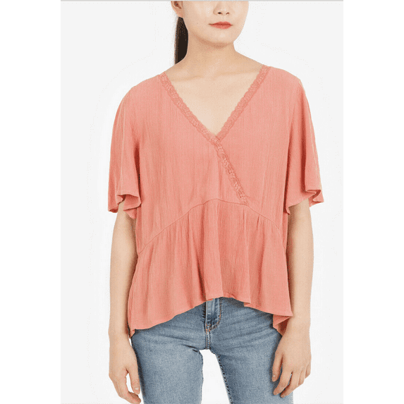 Hippie Rose Juniors Lace-Trim Short Sleeve Peplum Hem Blouse Light Red M,$34 NWT