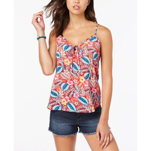 Hippie Rose Juniors' Lace-Up Floral Casual Tank Top Shirt Sleeveless Size S