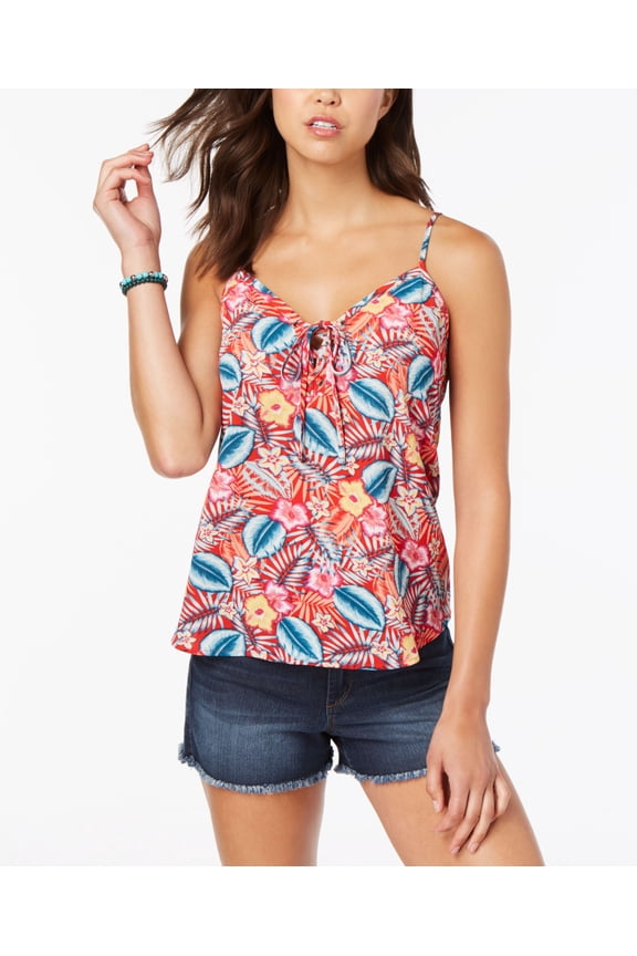 Juniors' Lace-Up Floral Casual Tank Top Shirt Sleeveless Size S
