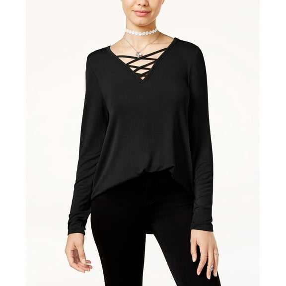 Hippie Rose Juniors Long Sleeve Lace Up Cozy T-Shirt Black XL