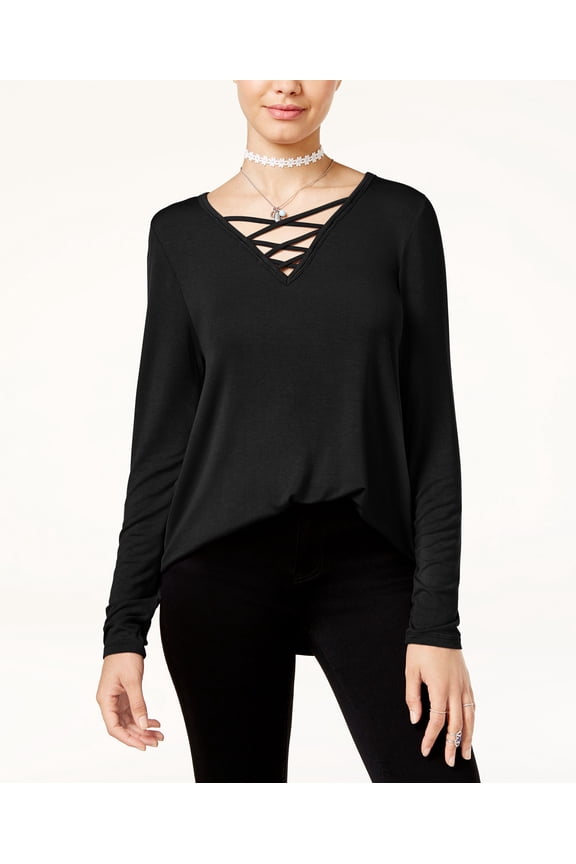 Juniors Long Sleeve Lace Up Cozy T-Shirt Black XL