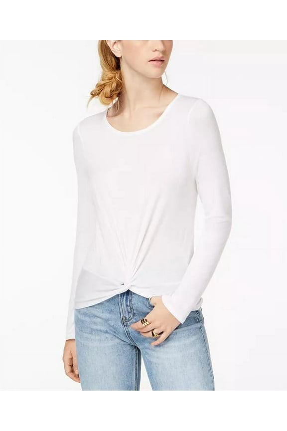 Juniors Long Sleeve Twist Front Top White L