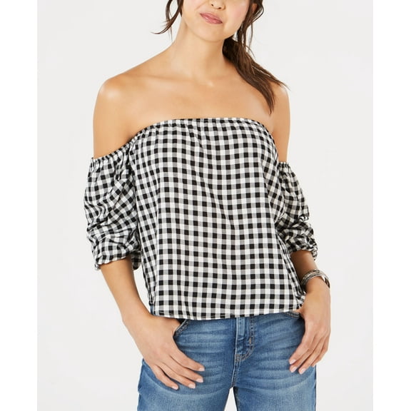 Hippie Rose Juniors Off The Shoulder Gingham Top Black White Gingham M