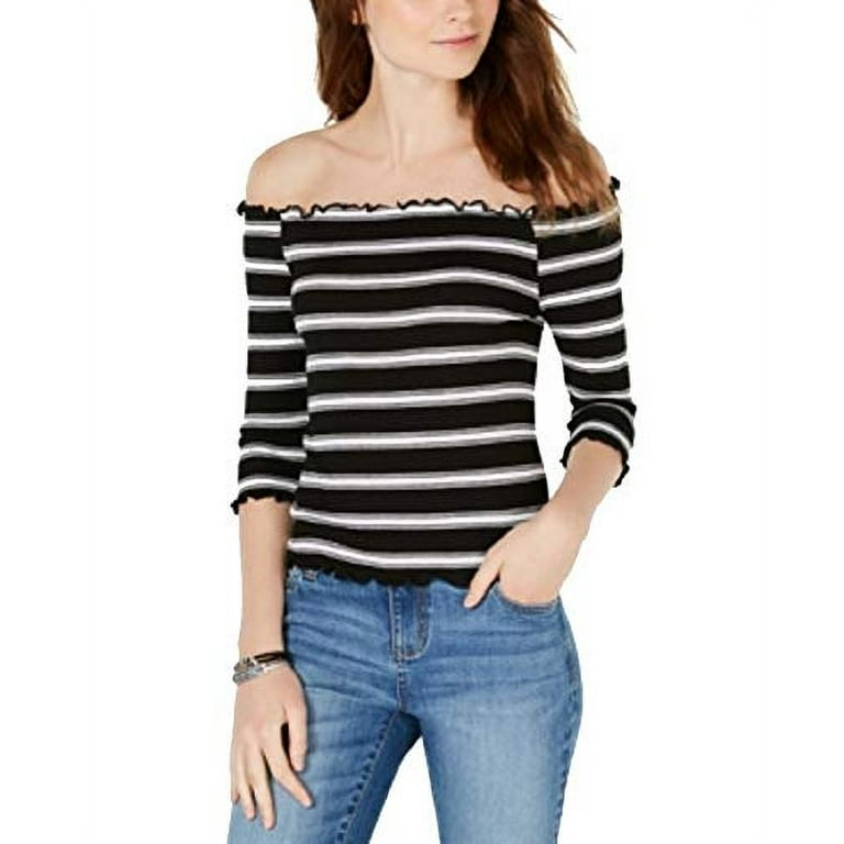 Black and white striped best sale off the shoulder shirt