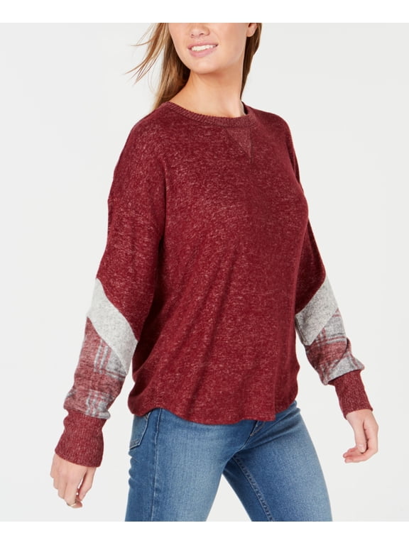 Juniors Plaid Sleeve Hacci Sweater Burgundy L