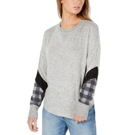Hippie Rose Juniors Plaid Sleeve Hacci Sweater Grey XL