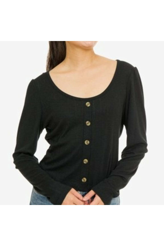 Juniors' Pointelle-Knit Button-Trimmed Top- Black X-Small 0