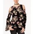 thumbnail image 1 of Hippie Rose Juniors Printed Bell Sleeve Cold Shoulder Top Black Floral M, 1 of 1