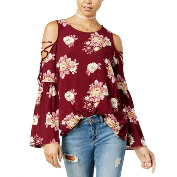 Hippie Rose Juniors' Printed Bell-Sleeve Cold-Shoulder Top (Burgundy Floral, X-Small)