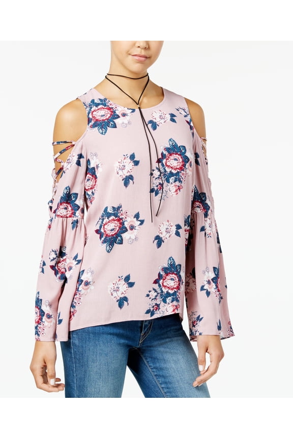 Juniors Printed Bell Sleeve Cold Shoulder Top Light Pink Floral XS