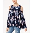 thumbnail image 1 of Hippie Rose Juniors Printed Bell Sleeve Cold Shoulder Top Navy Floral M, 1 of 1